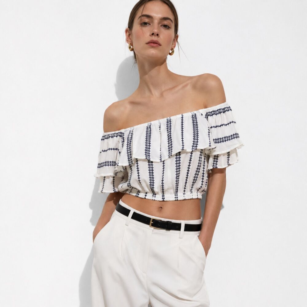 Paper Heart White Blue Ruffled Off Shoulder Crop Top Y2K Festival Boho Size S